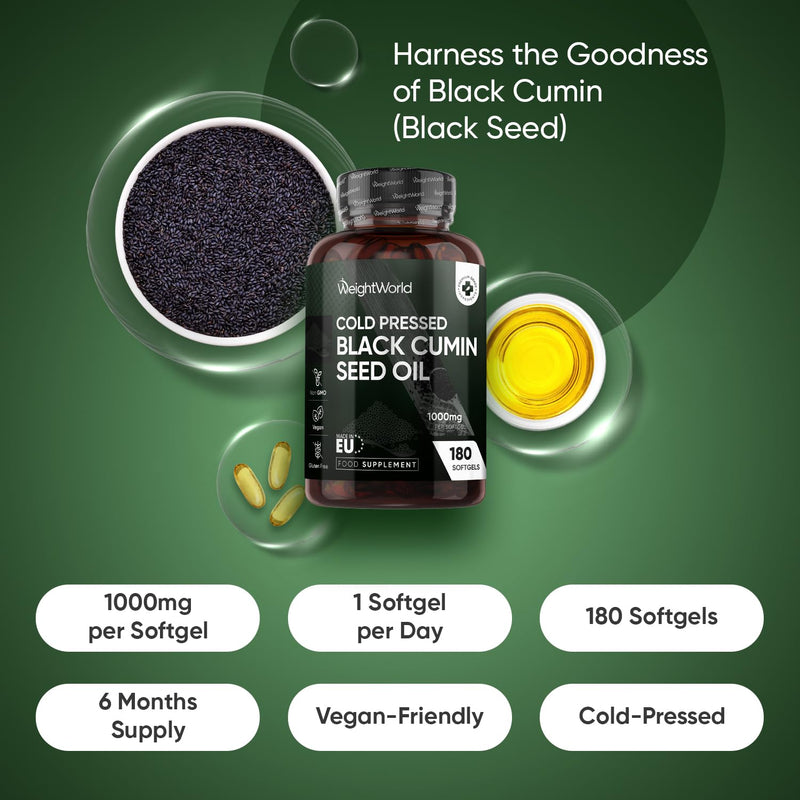 Black Seed Oil 1000mg - 180 Softgels - 6 Months Supply - Cold Pressed Black Cumin Seed Oil Capsules - 1-a-Day - Vegan-Friendly - Source of Thymoquinone & Omega Fatty Acids - Nigella Sativa Supplement