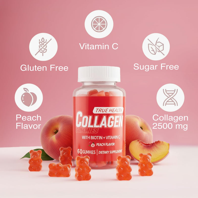 Collagen Gummies with Vitamin C and Biotin – Peach Flavored, Without Sugar or Gluten, Collagen Gummies for Women and Men – Multivitamins Supports Hair, Skin & Nails, 60 Units per Bottle 60 Gummies