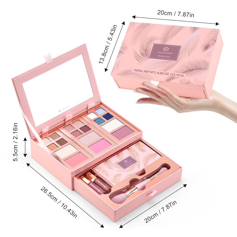 [Australia] - Color Nymph Small Makeup Palette Set for Face | Cosmetics Gift Set for Women & Girls | 12 Colors Eyeshadow, Blush, Highlighter, Contour Powder, Lip Gloss & Brush Kit | Travel-Friendly (Pink) Pink 