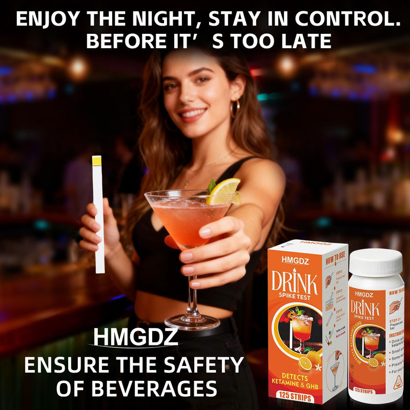 Spiked Drink Test Strips-125 Tests Alcohol Test Strips,10 Second-Side,Tests for GHB and Ketamine in the Beverage, Beer, Cocktail, Juice, Wine, Juice etc.Beverage Safety