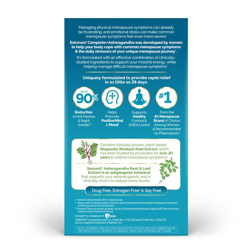 [Australia] - Estroven Complete + Ashwagandha Multi-Symptom Menopause Supplement for Women - 60 Ct. - Clinically Proven Ingredients Provide Menopause Relief & Night Sweats + Hot Flash Relief* - Drug-Free & Non-GMO 2 Month Supply 