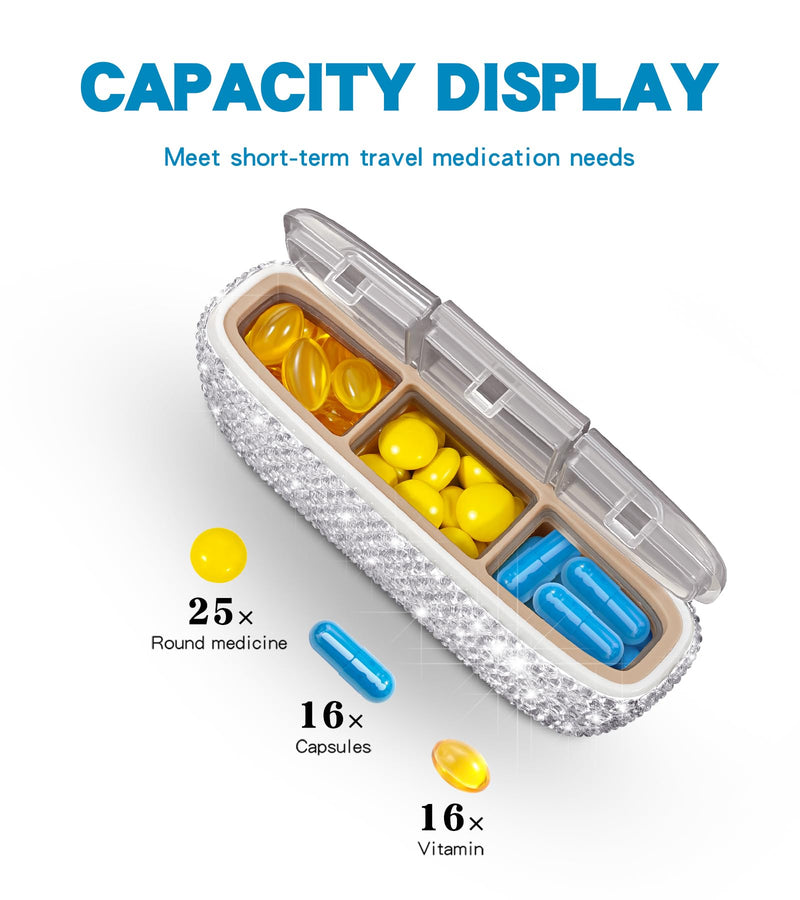 Bling Travel Pill Organizer Crystal Rhinestone 3 Compartments Independent Lid Portable Small Pill Case Box to Hold Vitamins Container for Pocket Purse Medicine Organizer