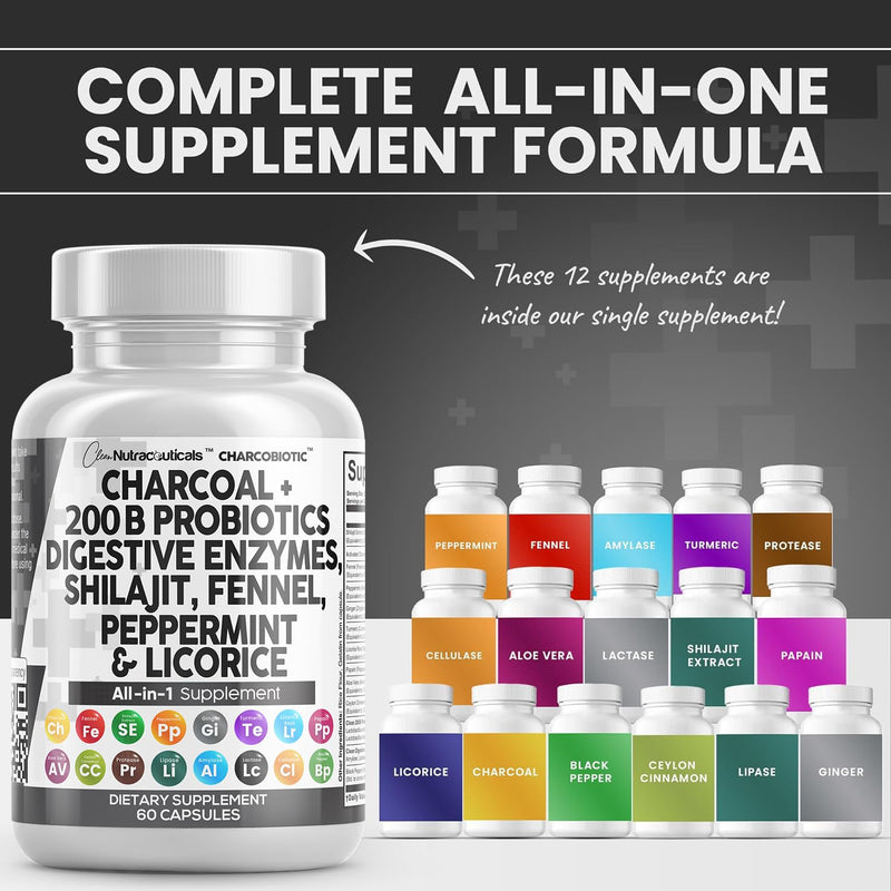 [Australia] - Clean Nutra Activated Charcoal Capsules Shilajit 5000mg Pills Probiotic 200 Billion + Digestive Enzymes for Digestive Health with Peppermint Fennel Licorice Papain Ginger Turmeric | Gut Health 