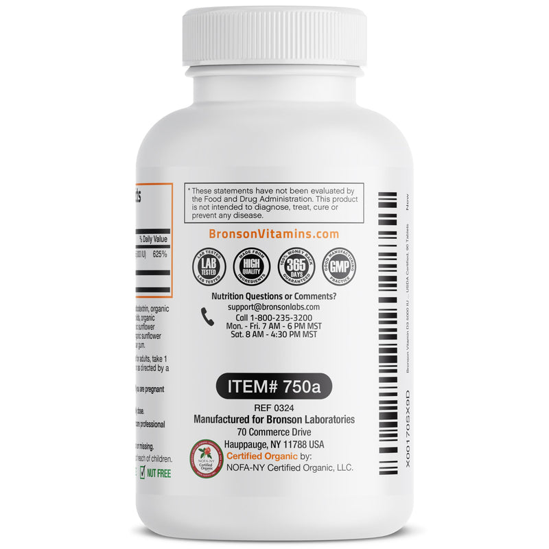 Bronson Vitamin D3 5,000 IU (125 mcg), USDA Certified Organic, 90 Tablets | Bone, Muscle, Immune & Nervous System Support, Non-GMO, Gluten-Free, Soy-Free, Wheat-Free & Nut-Free 90 Count (Pack of 1)