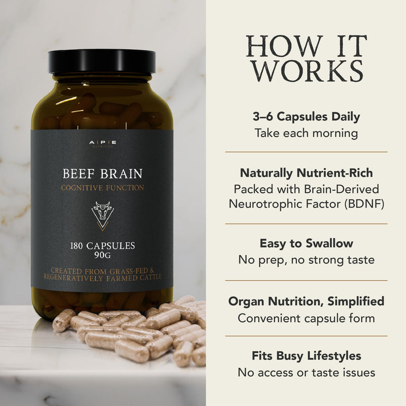 APE Nutrition Beef Brain Grass Fed - Desiccated Bovine Brain Capsules, Ancestral Supplement UK, Nose to Tail, 100% Grass Fed & Finished, No Antibiotics Hormones or GMOs, 180 500mg Capsules