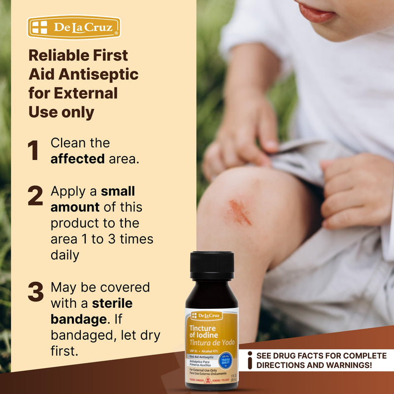[Australia] - De La Cruz 2% Iodine First Aid Antiseptic, Made in USA 1 FL OZ (1 Bottle) 1 Fl Oz (Pack of 1) 