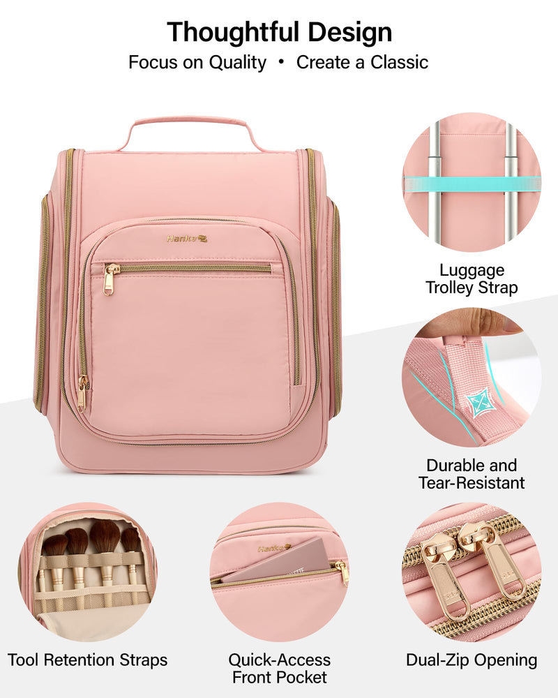 Hanke Hanging Travel Toiletry Bag for Men and Women, Water-Resistant Toiletries Bag Makeup Organizer with Hook, Cosmetic Bag for Bathroom & Travel Essentials Accessories, Pink