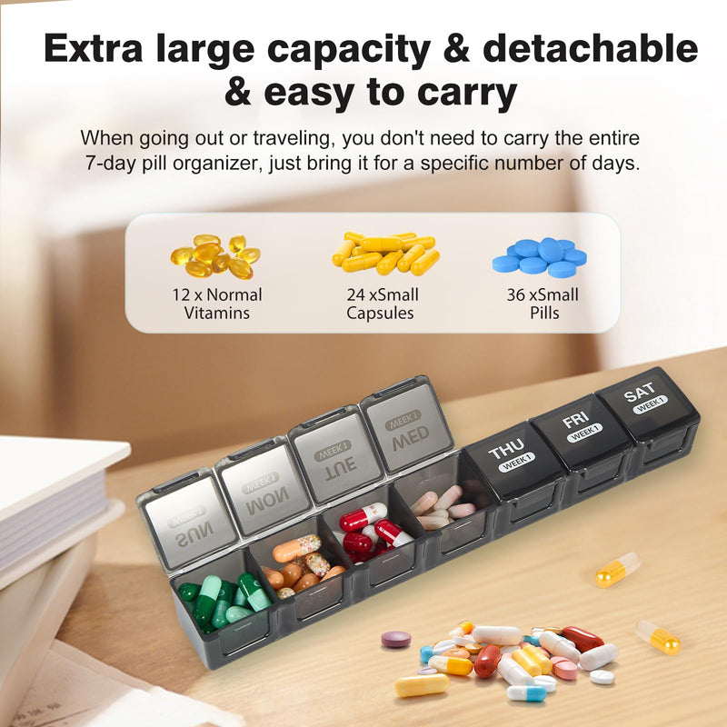 Monthly Pill Organizer, Once a Day, 4 Weeks a Month, 28 Days in a Large Pill Box, Portable for Travel, can Hold a Large Amount of Vitamins, Supplements, Fish Oil, and Medication (Black) Black
