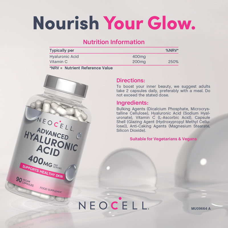 Hyaluronic Acid Supplement 400mg (500-700 KDA) | High Strength Vegan Formula with Vitamin C | for Women & Men | 90 Capsules | NeoCell