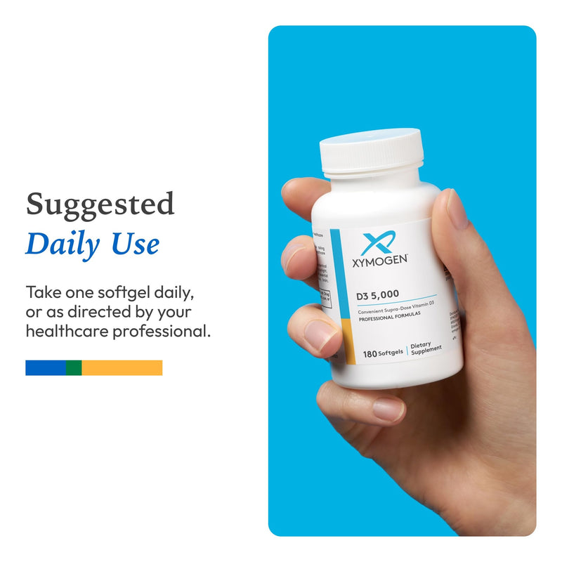 XYMOGEN D3 5000, 180 Softgels | Bioavailable Vitamin D3 5000 IU (125 mcg), High-Strength Vitamin D Supplement for Immune, Bone, and Heart Health Support 180 Count (Pack of 1)