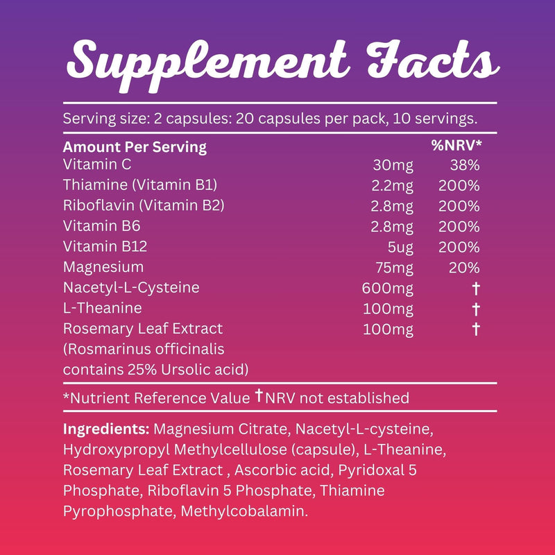 Rebound, Includes Vitamin B1, B6, B12, & C, Magnesium + Rosemary Leaf Extract | Food Supplement, 20 Vegan Capsules, Made in The UK 20 count (Pack of 1)