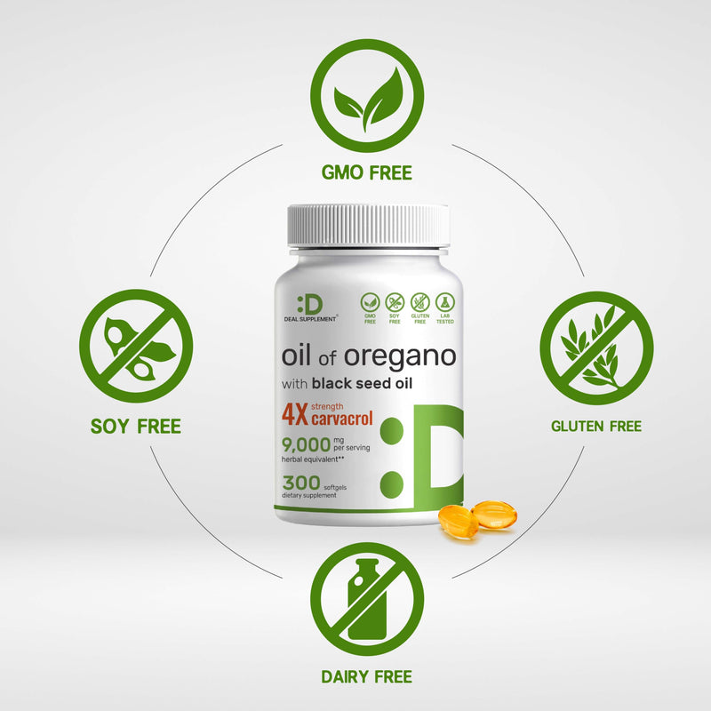 [Australia] - Deal Supplement Oil of Oregano Softgels with Black Seed Oil, 9,000mg Per Serving, 300 Count – 30:1 Extract, Active Carvacrol & Thymoquinone – Antioxidant Immune Health Support – Plant Based, GMO-Free 
