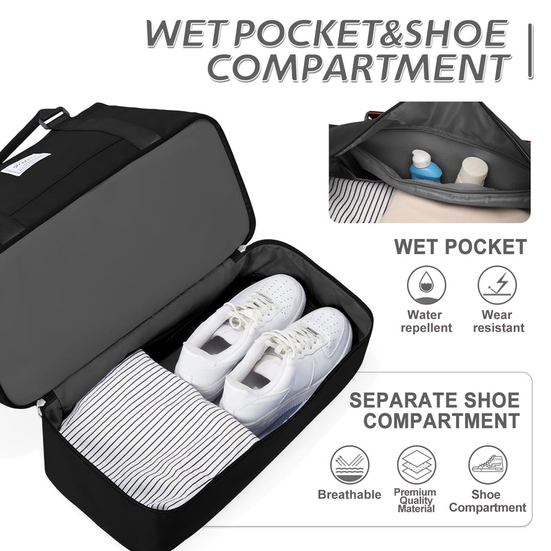 Travel Duffel Weekender Bag Women Tote Carry On Bags With Shoe Compartment | 18x14x8 inches Travel Overnight Bags with Trolley Sleeve for Airplanes Sport Tote Gym for Men Lightweight Daypack Black..