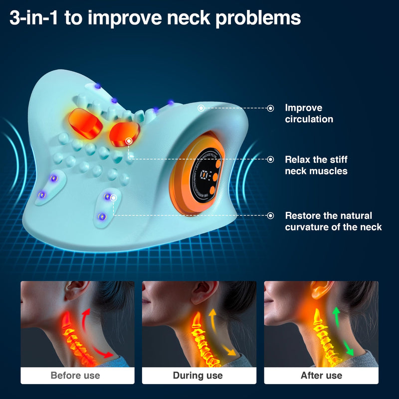 [Australia] - Hugterra Neck Massager 2025, Neck Stretcher Cervical Traction with Heat, 3 Modes, Portable Massage Neck Hump Corrector for Pain Relief and Muscle Relax, 26° Angle Cervical Traction Device Blue 