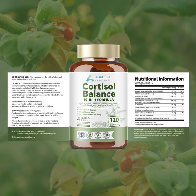Cortisol Reducing Supplements, 10 in 1 Cortisol Detox & Blocker with 4000mg High Strength Ashwagandha, Magnesium Blend, L-Theanine, Omega-3 Fatty Acids for Mind & Body Balance, 120 Capsules