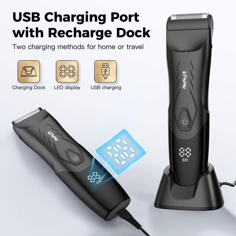 [Australia] - 2-in 1 Body Hair Trimmers for Men, Pubic Groin Hair Trimmer for Men with Dual-Head Trimmer & Foil Blade, Electric Ball Trimmer Razors w/Light, Charging Dock, Waterproof Body Groomer Shaver Kit 2 in 1 Black 