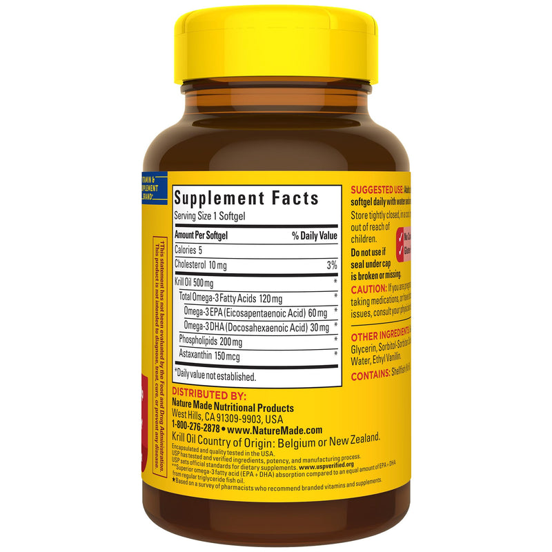 [Australia] - Nature Made Superior Absorption Krill Oil 500mg with Astaxanthin and Phospholipids, Omega 3s for Heart Health Support, 100 Softgels, 100 Day Supply 