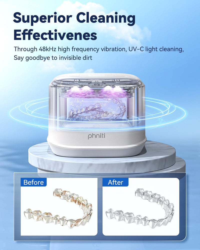 [Australia] - Ultrasonic Retainer Cleaner, Phniti 48kHz Professional Ultrasonic Cleaner Machine for Retainers, Jewelry, Dentures, Mouth Guard, Aligner, Toothbrush Heads, 13OZ Portable Dental Cleaning-White 350ml 