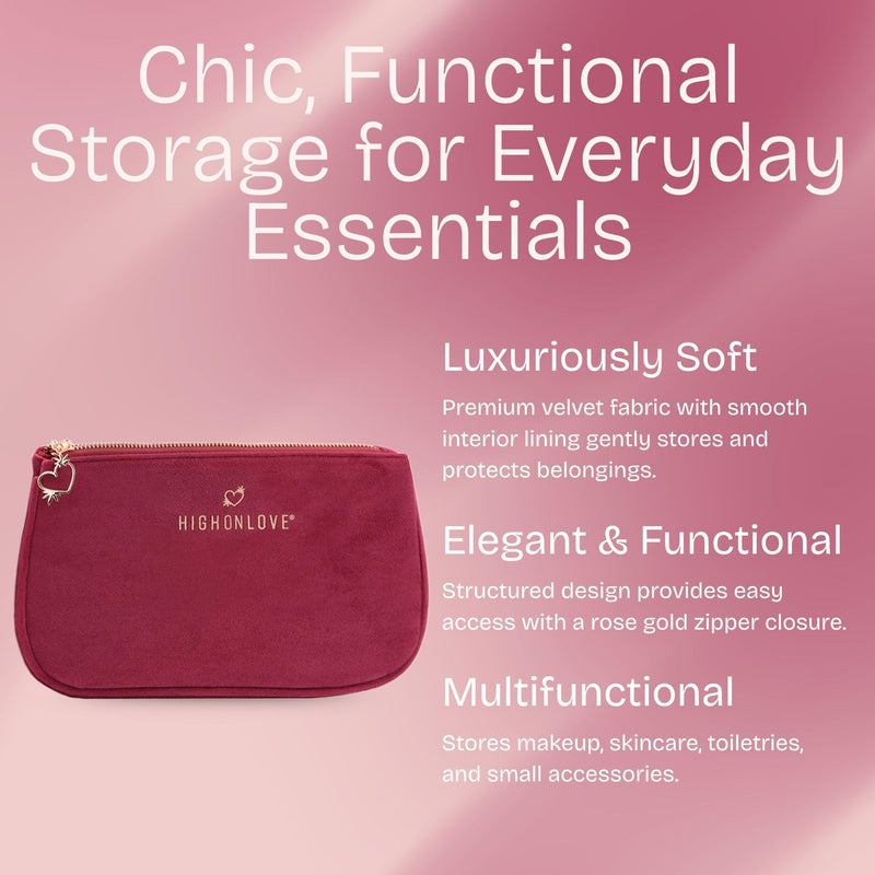 Velvet Travel Bag (Red) | Medium Multipurpose Toiletry Bag - Zipper Closure & Soft, Durable Material - Travel Essentials for Women