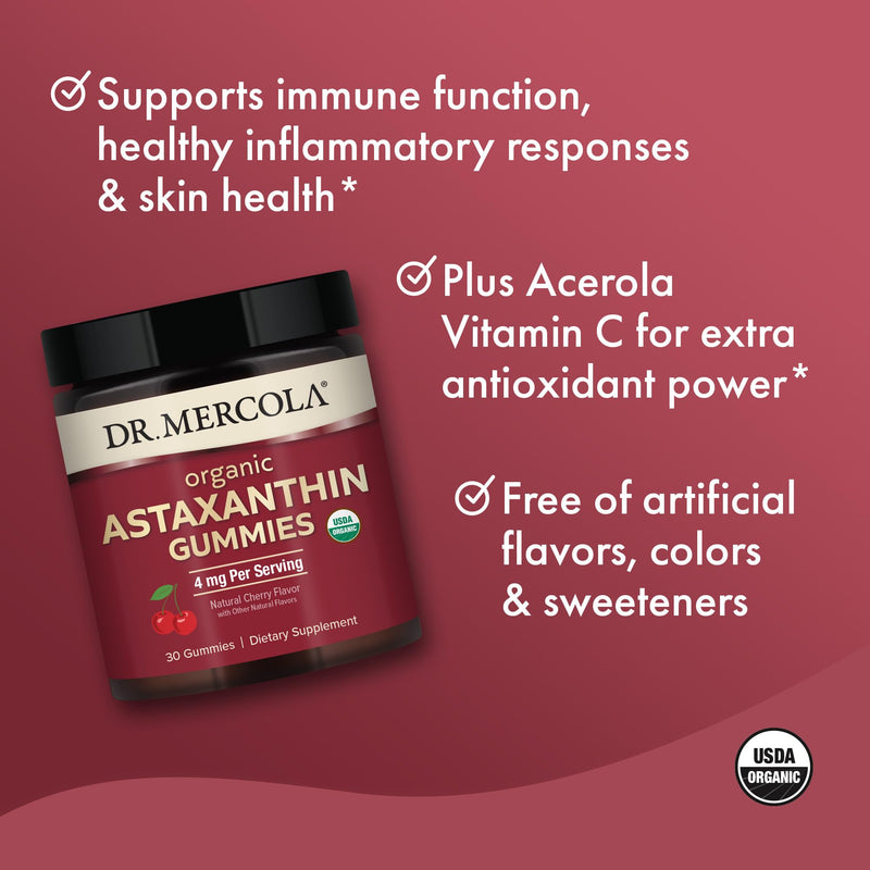 [Australia] - Dr. Mercola Organic Astaxanthin Gummies, 30 Servings (30 Gummies), 4 mg Per Serving, Dietary Supplement, Immune Support, Certified Organic, Non- GMO 