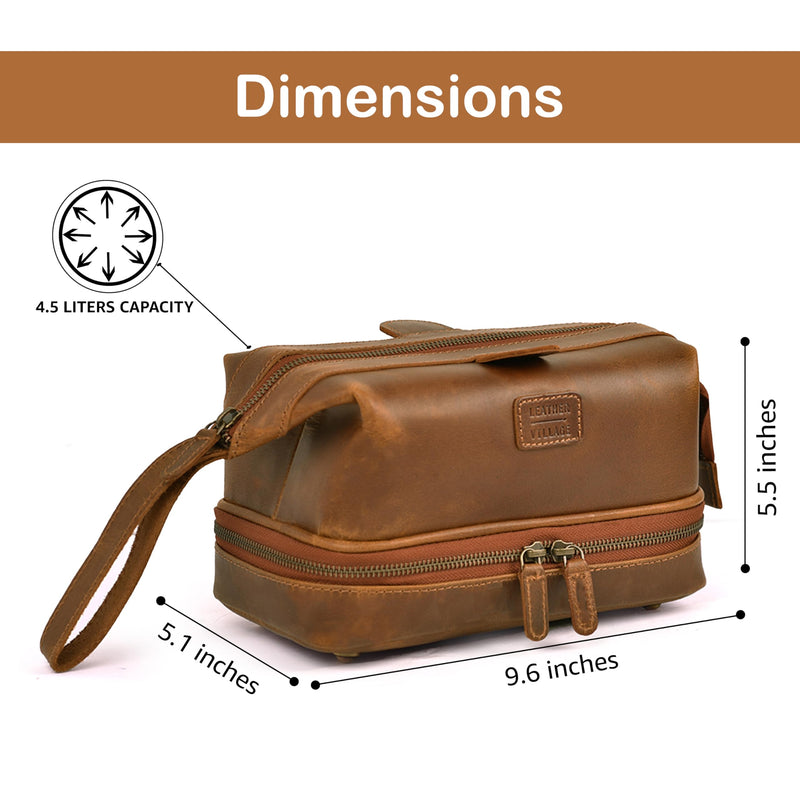 LEATHER VILLAGE Leather Toiletry Bag for Men, Travel Dopp Kit Shaving Bag | Full grain buffalo leather, two zip compartments, 9.6x5.5x5.1 in, YKK zippers, water-resistant lining, shaving kit- Tan Sun Tan