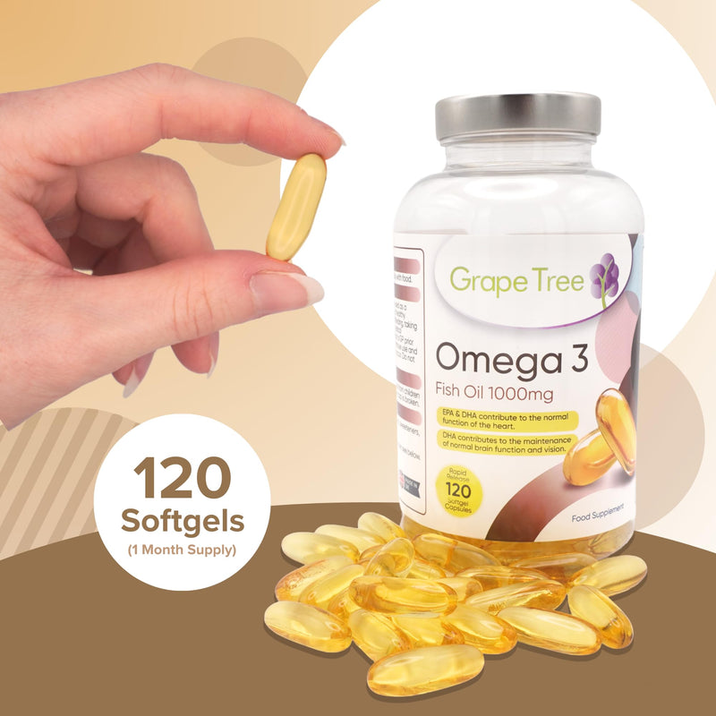 Grape Tree Omega 3 Fish Oil 1000mg 240 Softgels. 4 Month Supply. EPA & DHA Omega-3 Fatty Acids. Fish Oil Capsules Made in the UK. Gluten & Lactose Free 120 count (Pack of 1)