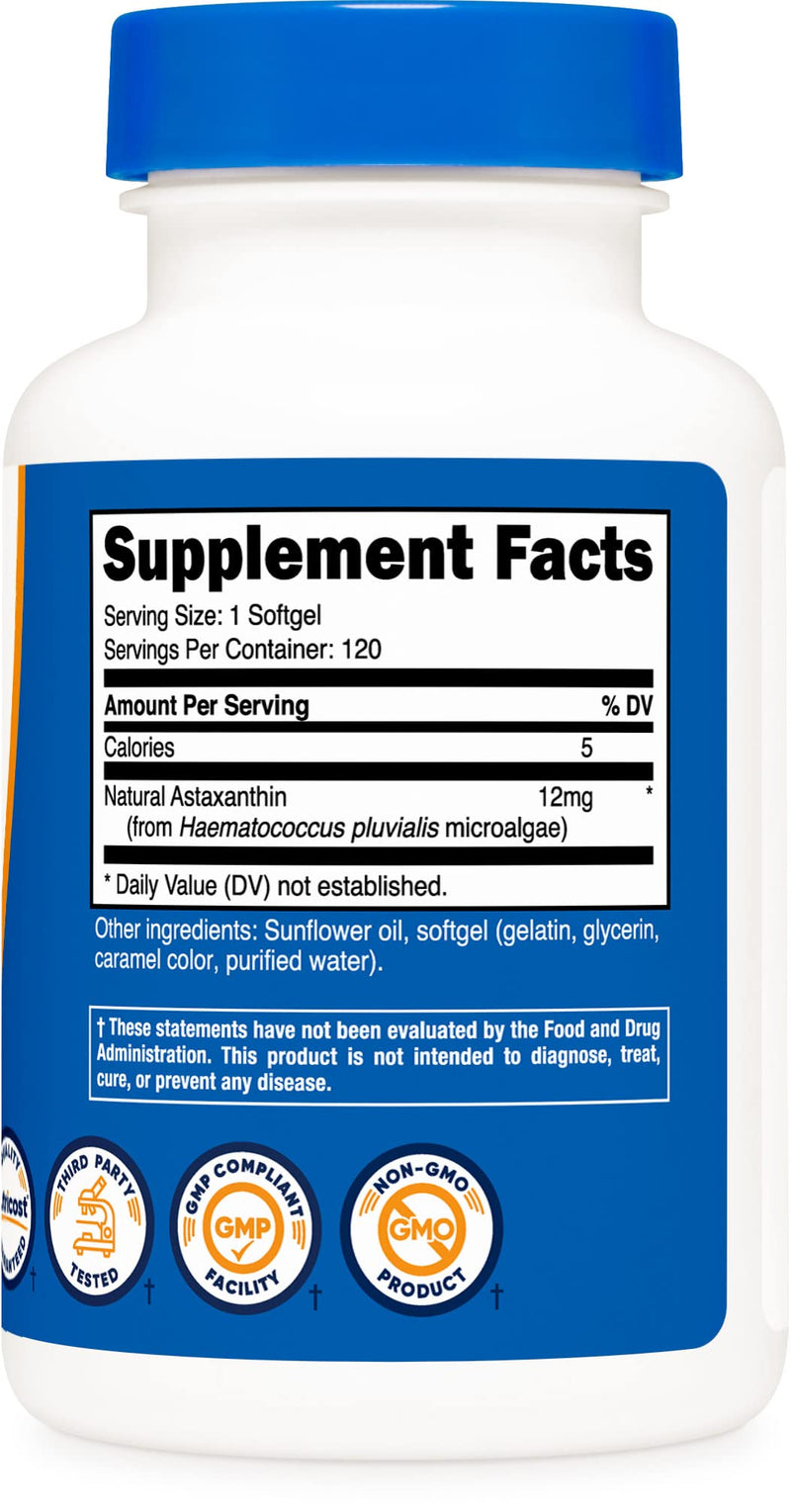 [Australia] - Nutricost Astaxanthin 12mg, Non-GMO and Gluten Free, 120 Softgels (4 Month Supply) 120 Count (Pack of 1) 