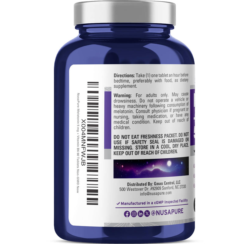 Melatonin Vitamin B6 & Calcium, Vegan, 5mg, 60 Tablets - 60 Servings | Dietary Supplement Formula, Pyridoxine HCI & Dicalcium Phosphate, Non-GMO, Suitable for Adults, Made in cGMP Facility USA