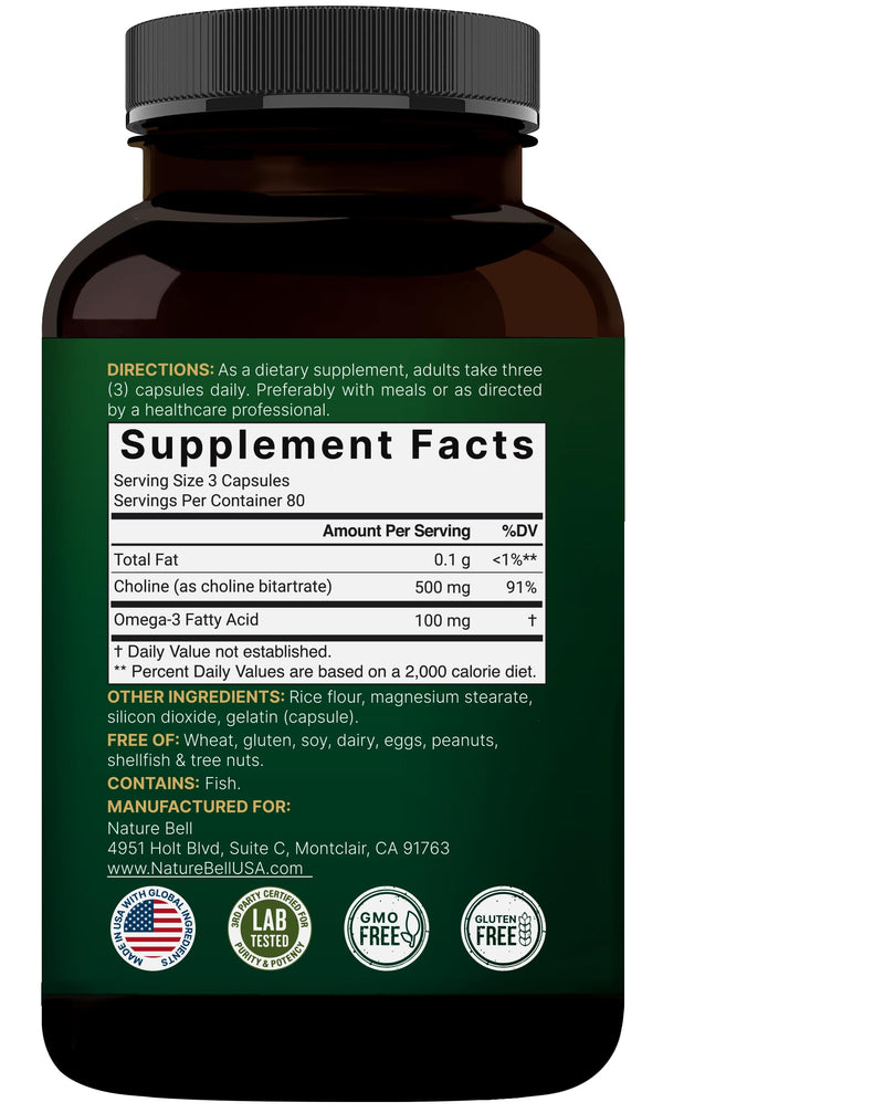 [Australia] - NatureBell Choline Supplements 500mg with Omega-3 Fatty Acids, 240 Capsules | High Potency Choline Bitartrate ‚Äì Prenatal Support During Pregnancy ‚Äì Promotes Energy, Liver, Brain, & Cognitive Health 