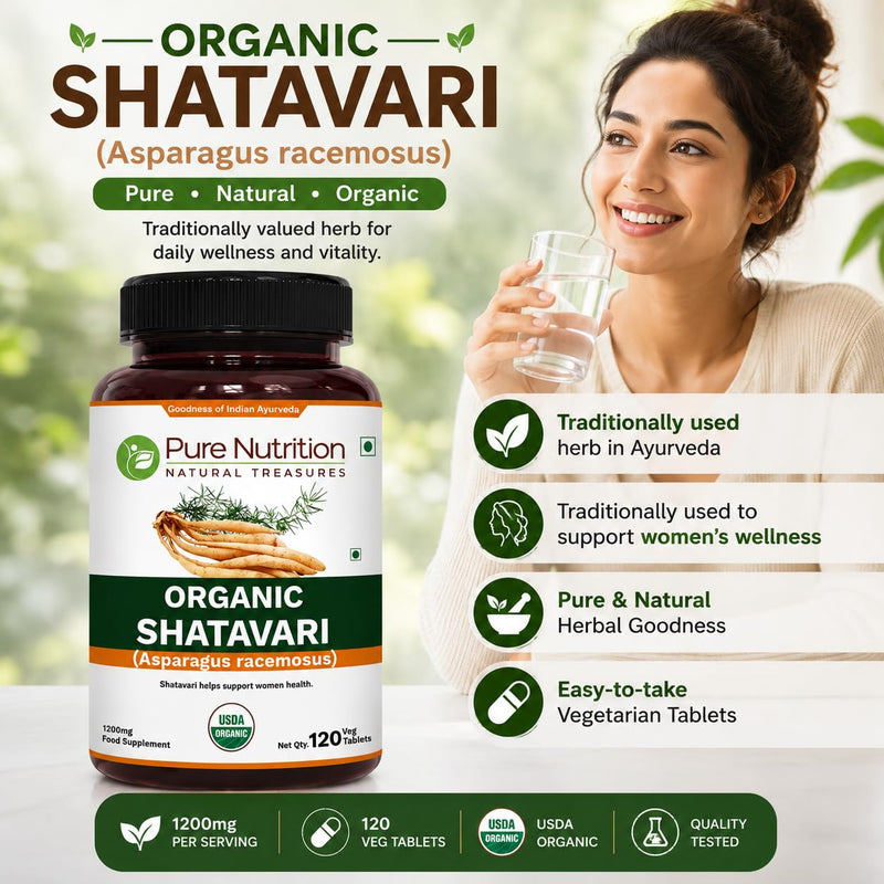 Pure Nutrition Organic Shatavari Tablets - 1200mg | 120 Count | USDA Organic | Promotes hormonal Balance & Female Reproductive Health | Non-GMO | Gluten-Free 120 count (Pack of 1)