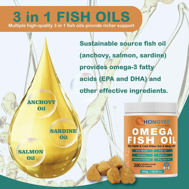 Pet Skin and Coat Care - Omega 3 Fish Oil 200 Chews for Dogs Healthy Skin | Shiny Fur | Against itching in a Treat Format, All-in-1 Oil (Salmon, Anchovy, Sardine, Perilla Oil, Flaxseed Oil) - PawsPlanet Australia