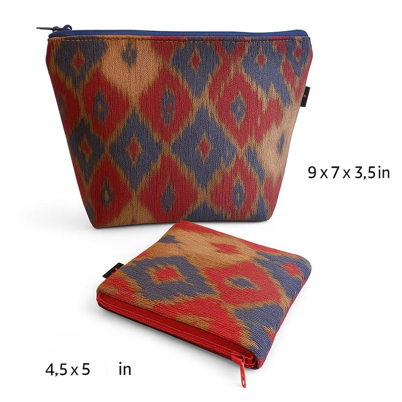 Handmade Set of 2 Cosmetic Bags — Colorful Ethnic Pattern Makeup Pouches with Zipper, Travel Organizer, Toiletry Bags for Women