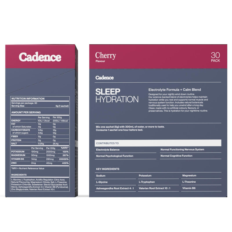 Cadence Sleep Electrolyte Hydration Sachets - Overnight Electrolyte Blend & 8 Natural Sleep Ingredients - Vegan, Keto - Nighttime Rehydration & Sleep Aid Formula - Cherry - 30 Sachets