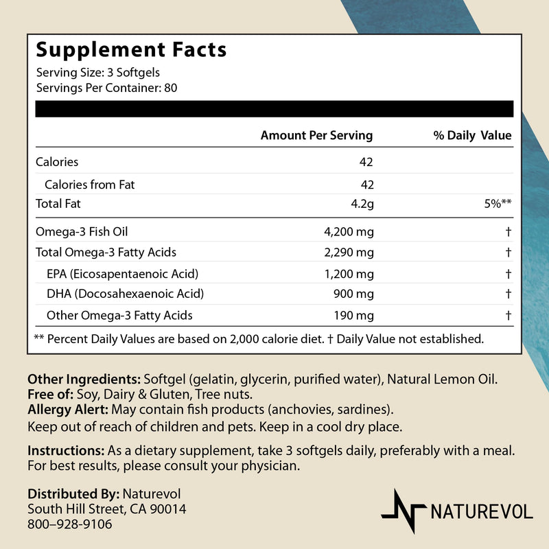 [Australia] - Triple Strength Omega 3 Fish Oil 4200mg - Lemon Flavored | EPA & DHA Fatty Acids | 1200mg EPA + 900mg DHA | Deep Sea Fish | Burpless Fish Oil Supplement - 240 Softgels 