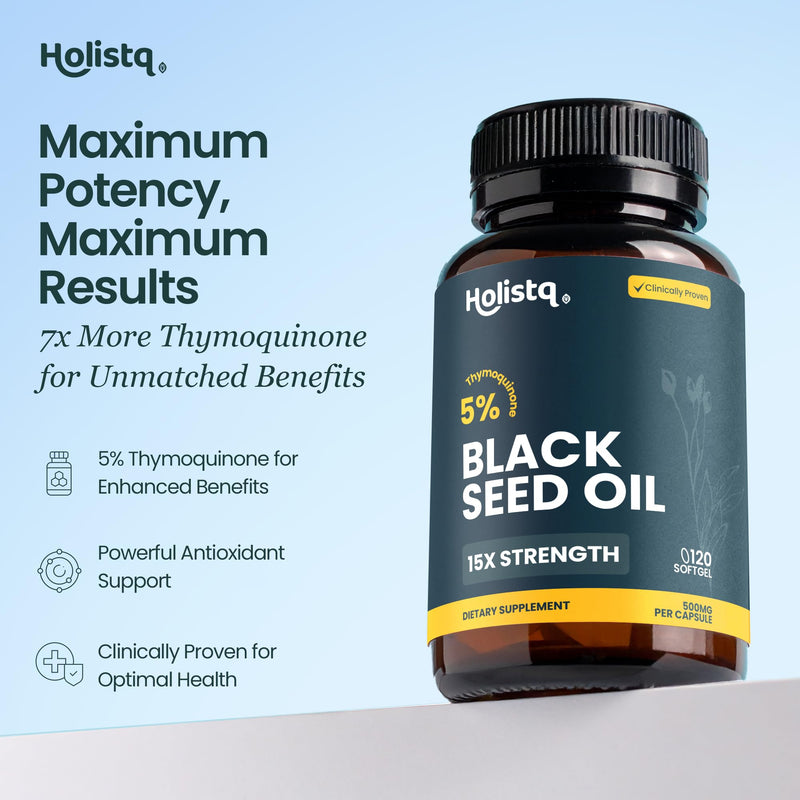 [Australia] - Holistiq Black Seed Oil Organic Cold Pressed Capsules | 5% Thymoquinone | Non-GMO & Vegan | Nigella Sativa Black Cumin Seed Oil, Omega 3 6 9 Adult Immunity Support - 120 Softgels, 2 Months Supply 120 Count (Pack of 1) 