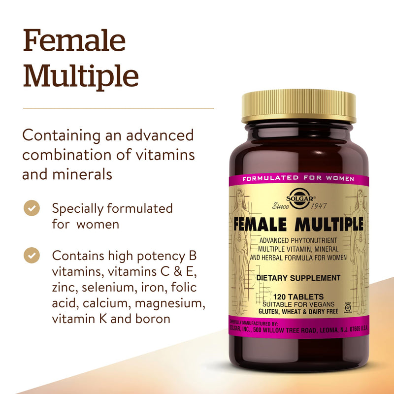 Solgar Female Multiple Tablets - Pack of 120 - to Support Healthy Blood Production and Fight Stress - with Vitamin B12, C, E, Iron and Zinc - Vegan 120 count (Pack of 1) Regular
