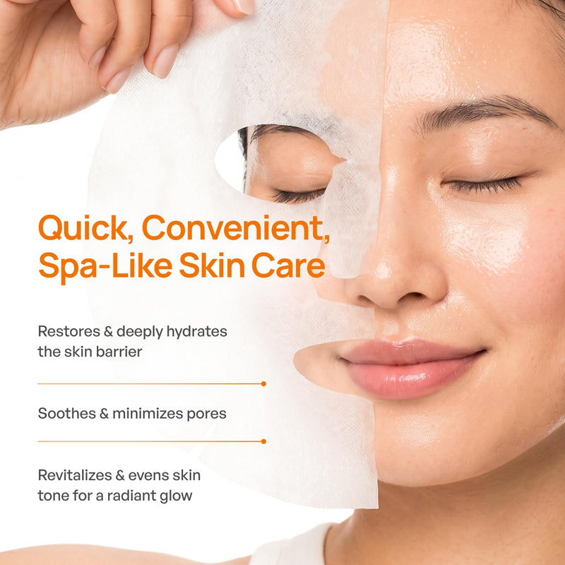 PLANTIFIQUE Korean Sheet Mask, 5 Pack - Glowing & Rejuvenating | Hydrating Face Masks Skincare with Peach Extract, Vitamin C & Hyaluronic Acid - Mascarillas Faciales Vitamin C Glow 1 Count (Pack of 5)