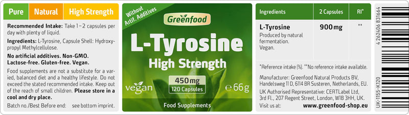 L-Tyrosine, 450 mg, high dosed, 120 Capsules, Vegan - Important Amino Acid. Produced by Fermentation. Without Artificial additives. Without GMO. Vegi Capsules.
