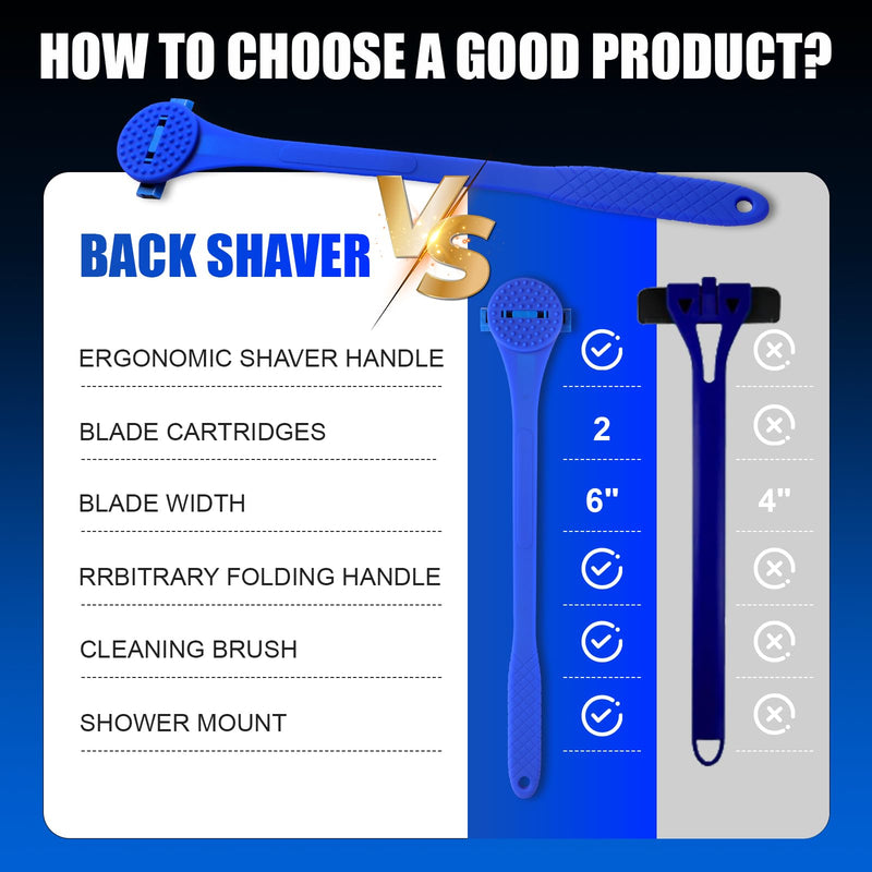 Back Shaver for Men,Back Hair Removal for Men with Long Bendable Ergonomic Silicone Handle,10 of The Wet or Dry Disposable Razor Blades,Bath Brush Included(Blue)