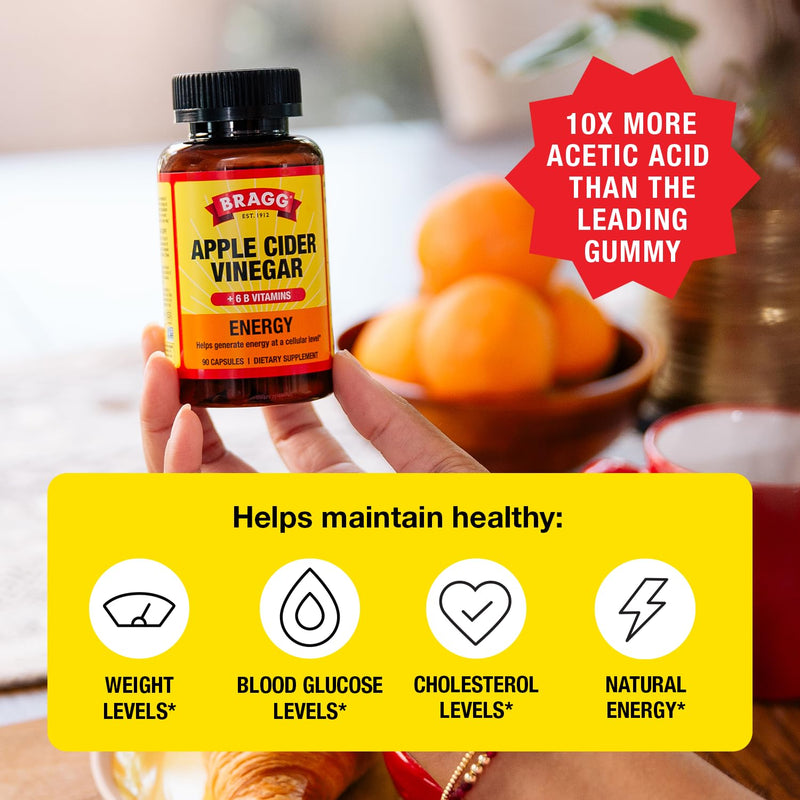 Bragg Energy Apple Cider Vinegar Capsules B Vitamins 90ct - 2 Pack | Organic, boosts natural vitality, gluten-free, non-GMO, vegetarian-friendly, no artificial preservatives, caffeine free 90 Count (Pack of 2)