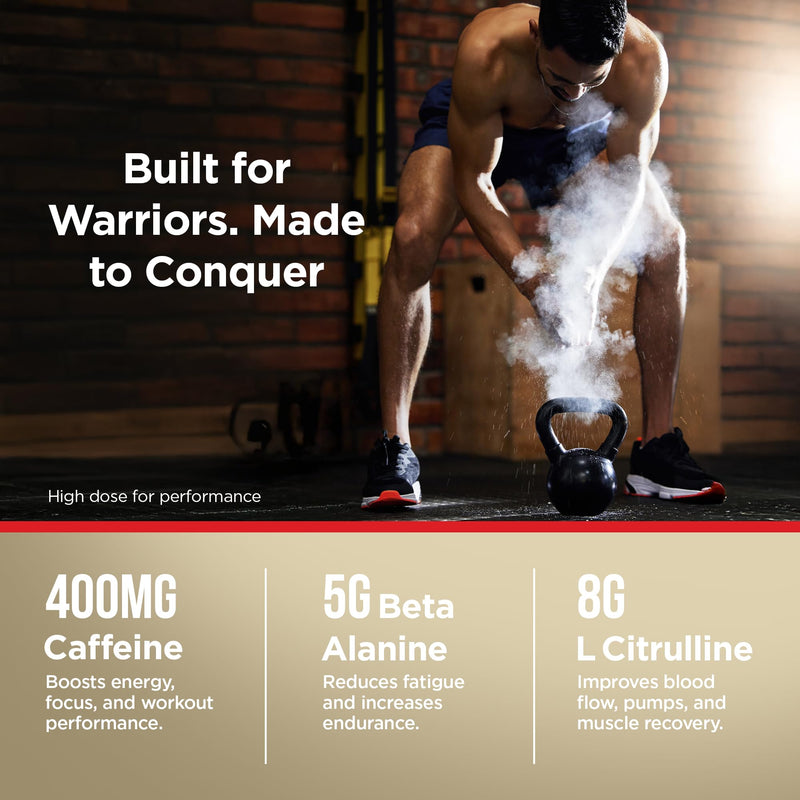 Conqueror High Stim Pre-Workout Powder (520g) - Caffiene, L-Citrulline, Beta-Alanine | Energy & Endurance Support - Strawberry Flavour (40 Servings)