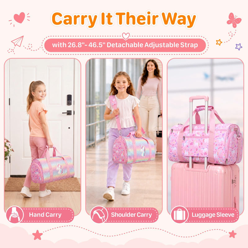 Kids Travel Duffle Bag - Weekender Bag for Girls 3-8 Year Olds | Dance Ballet Gym Overnight Bag with Adjustable Padded Strap, Dry&Wet and Shoe Area, Includes a Laundry Bag, Pink Unicorn 01 Pink Unicorn Medium-25L(Ages 3-8)