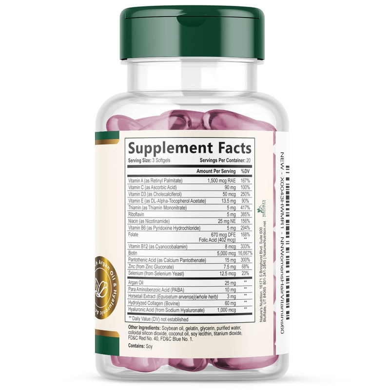 Hair Skin and Nails Vitamins for Hair Growth - Biotin 5000mcg Per Serving - Extra Strength Collagen, Argan Oil & Hyaluronic Acid - Best Beauty Supplement for Women & Men - USA Bottled - 60 Softgels 60 Count (Pack of 1)