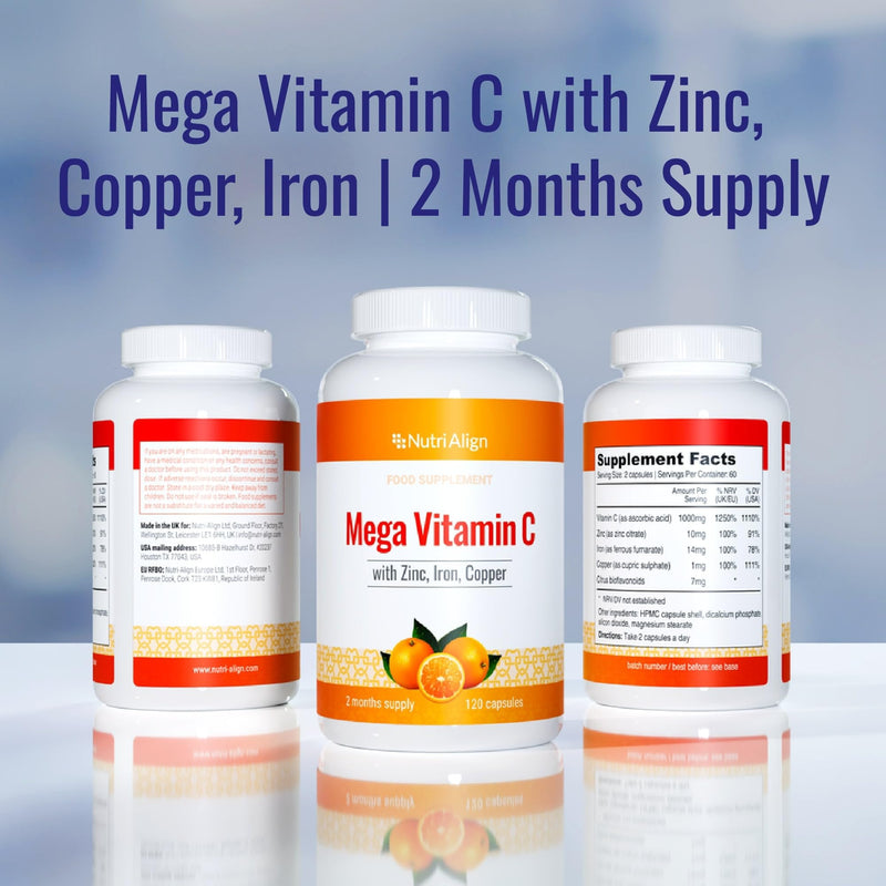 Nutri-Align Mega Vitamin C | 120 High Strength Vitamin C Capsules 1000mg VIT C per Serving - VIT C and Zinc, Iron & Copper Supplement | Gluten & Sugar Free | Made in the UK 120 count (Pack of 1)