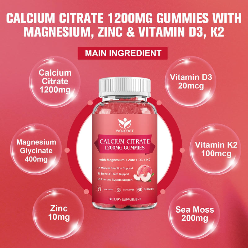 Calcium Citrate 1200mg Gummies with Vitamin D3 K2 for Women, 60Ct (3Pack) | WOGORGT - Chewable Calcium Citrate Gummies Supplement with Magnesium, D3, K2 & Sea Moss Extract, Bone Support, Peach Flavor 60 Count (Pack of 3)