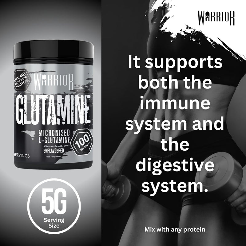 Warrior Glutamine 500g - Pure Micronised L-Glutamine Powder - Amino Acid - Muscle Growth & Recovery Supplement- Gut Health - Mix in Protein - Pre and Post Workout - 100 Servings (Unflavoured) 500g - 100 Servings