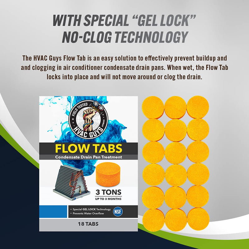 [Australia] - HVAC Guys Flow Tabs with Gel Lock Technology - 18 Pack - Keeps Drain Pans Clean, Prevents Overflow, 3 Ton Tab Lasts up to 3 Months - 1 Tab is equal to 18 Regular Tablets (324 total) - Made in the USA 18-Pack 