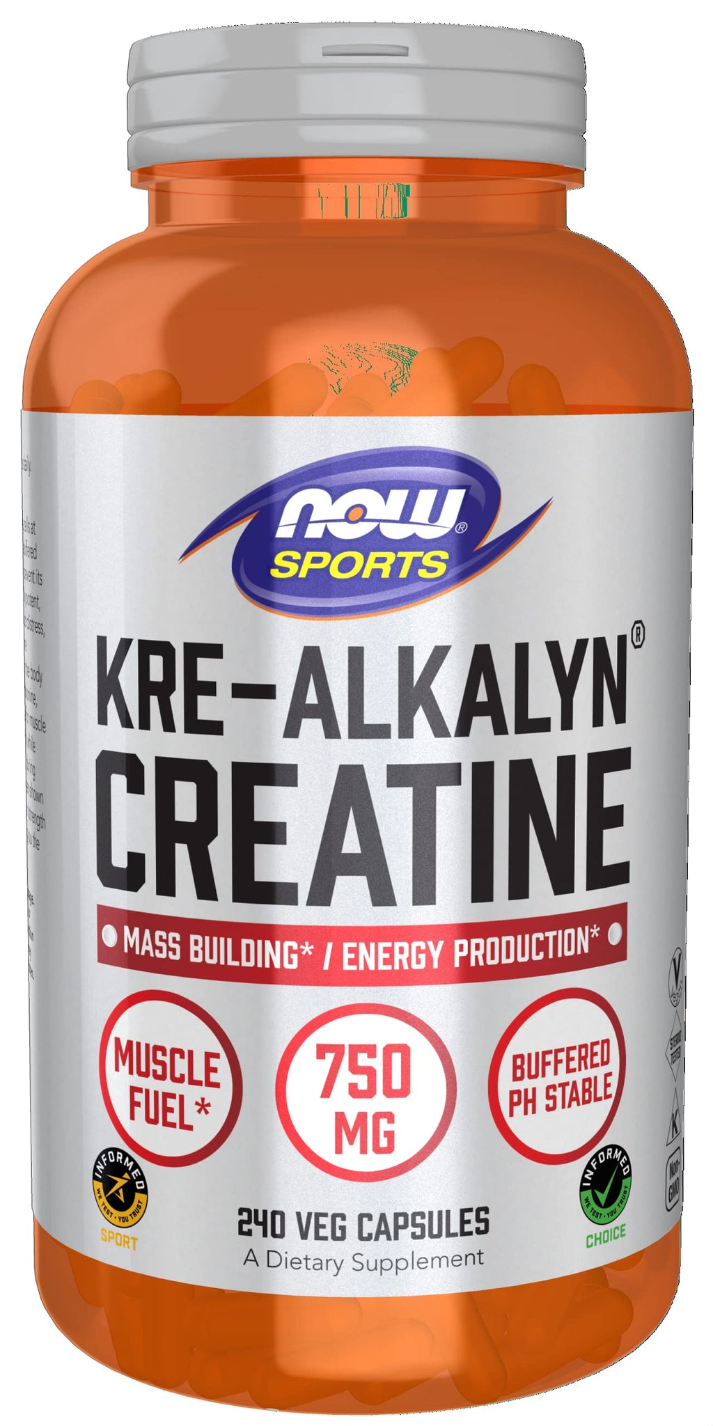 NOW Sports Nutrition, Kre-Alkalyn Creatine 750 mg, Mass Building*/Energy Production*, 240 Veg Capsules 240 Count (Pack of 1)