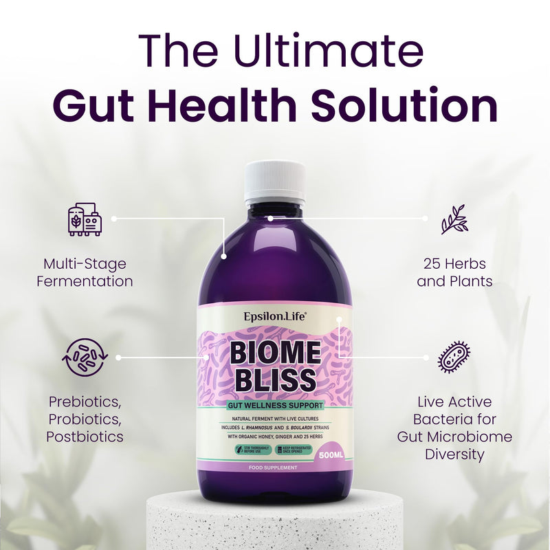 Biome Bliss Complete Gut Repair Probiotic Drink with Saccharomyces Boulardii & Live Bacterial Cultures | Natural Probiotics for Gut Health | 100% Organic Ingredients | Apple Juice & Honey | 25 Herbs
