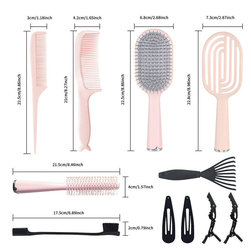 Hair Brush Set, Professional Styling Tools with Combs and Accessories, Pink, Gift Box Included (Pink Brush+Pink Comb) Pink Brush+Pink Comb